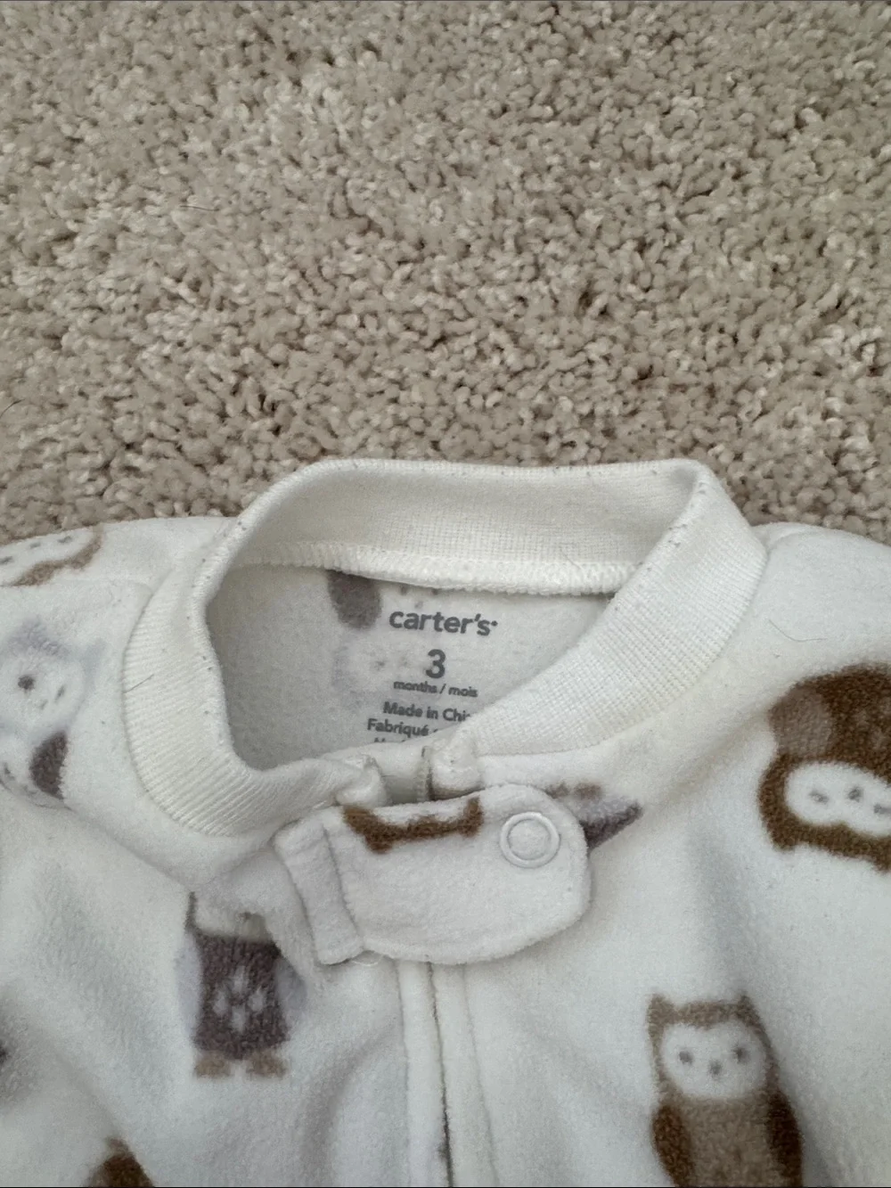 Carter's Cream Fleece Owl Footed One-Piece with Brown and Gray Accents